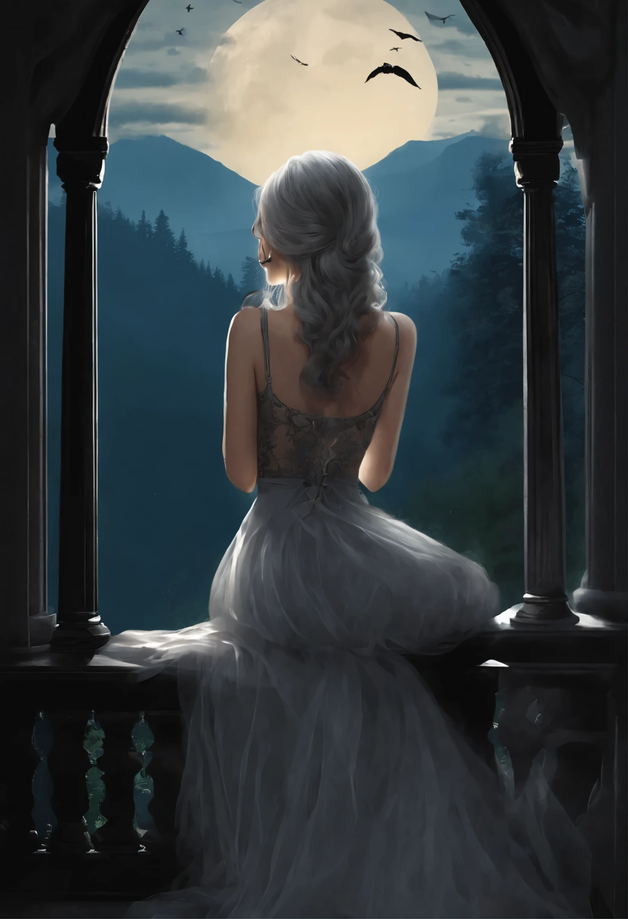 (highest quality:1.3),(masterpiece:1.1),(figure:1.2),(Super detailed:1.2),detailed and beautiful eyes,(gothic:1.2), (highly detailed background:1.1),(forest:1.2),(Mountain), night, moon,castle on the distant Mountain, (bent down:1.3),(butt:1.2),think back, (raise butt:1.2),(close to the butt:1.3), (1 girl in Balcony:1.4),Balcony railing,(Wariza:1.2),(sitting:1.3) (1 girl:1.3),(alone:1.3),(gray hair),(long hair:1.1),full body,black stockings, tulle,dress,body suit,Cutout on the back,clothing clippings,