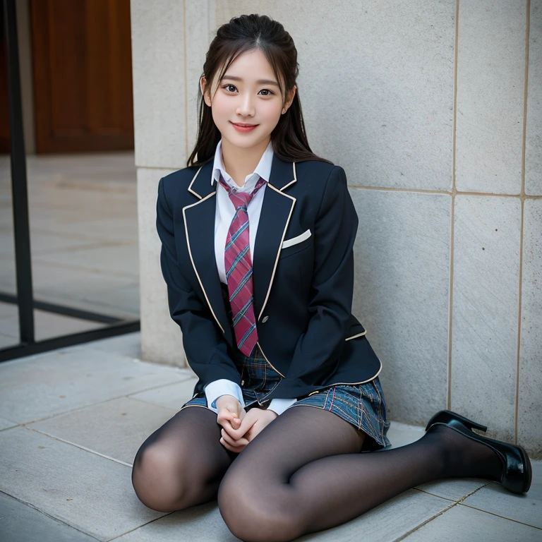 (8K), (highest quality: 1.2), (realistic), (realistic: 1.37), ultra high resolution, (1 girl), cute, smile, closed mouth, beautiful details, beautiful nose, wet hair, giant dulcefo, pork, thighs,self snap,University Student Uniform,simple blazer,pleated skirt,(The pattern of the skirt and tie is a tartan check pattern....:1.3),(sitting:1), sit on the ground,(hug your feet:1),opaque tights,from the front