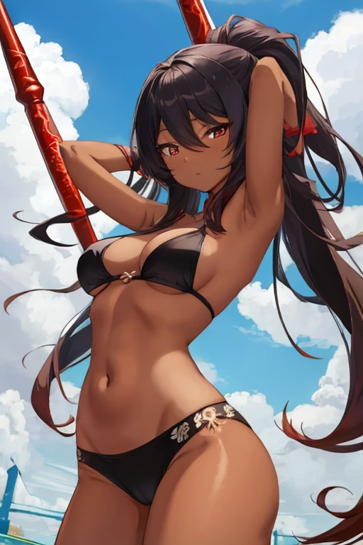 Healthy dark tan skinned anime girl goddess, sexy af, eyes close, holding a spear, wearing revealing clothes, stretching