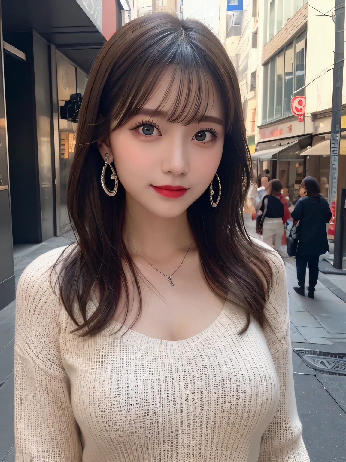 Urban beautiful girl college student, masterpiece, light makeup, red lips, silver hair, messy long hair, street background, beautiful, elegant. super fine details, master works, authentic texture, cinematic lighting realism, perfect job, 16K, hd, exquisite features,blue eyes、japanese idol、Beautiful Face、cute smile、brown hair、beautiful hair、ponytail、glamorous、 big breasts、erect nipples、Oily muscle、shiny skin、tanned skin、Black glowing skin、Sexy knitted sweaters, bright big eyes, smooth skin, earrings, necklace, tattoo