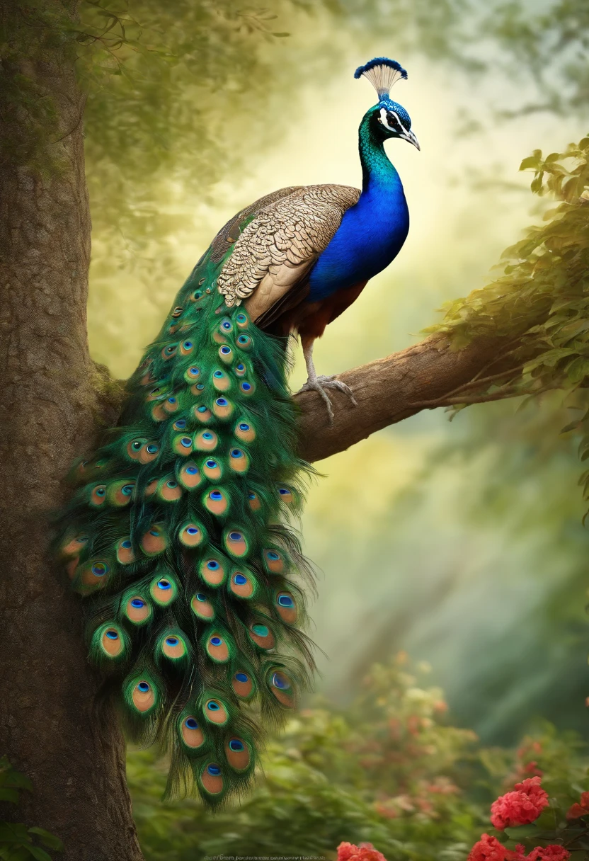 masterpiece (best quality), highly detailed, ultra colourful peacock sitting on a tree