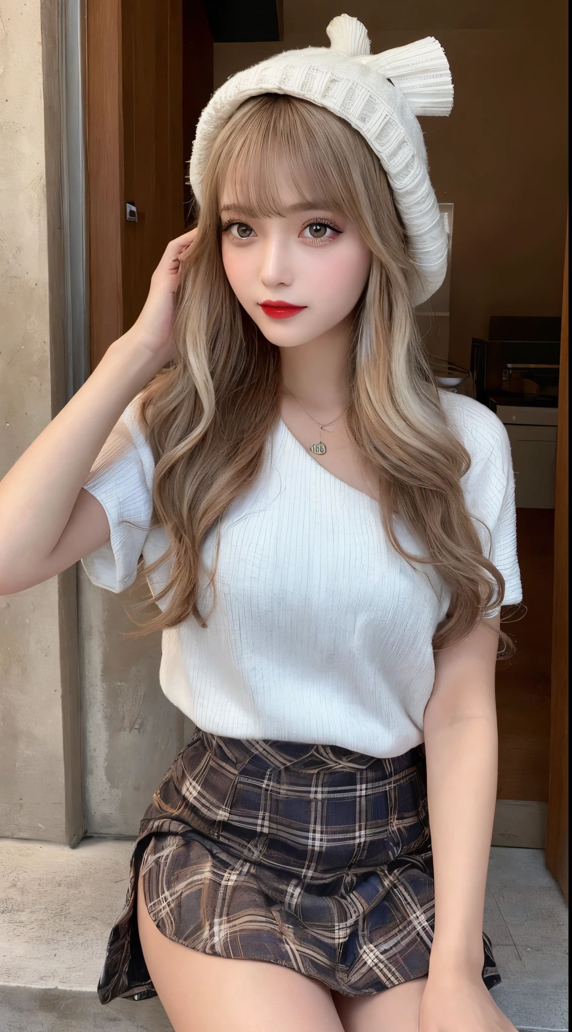 high quality、blond、plaid skirt、fille、mini jupe、couleur de cheveux brillante、tanned hair、sexy 、blond、High school student、Jambes fines、de beaux cils、high resolutionの顔、Dézoomer、20 ans、Angle de vue jusqu'aux genoux、best quality, Illustration, super detailed, Fine details, high resolution, Fond d'Dendé 8K screen, Beautiful detailed eyes, coiffures mignonnes au hasard, Seins bonnet C, Natural colored lips