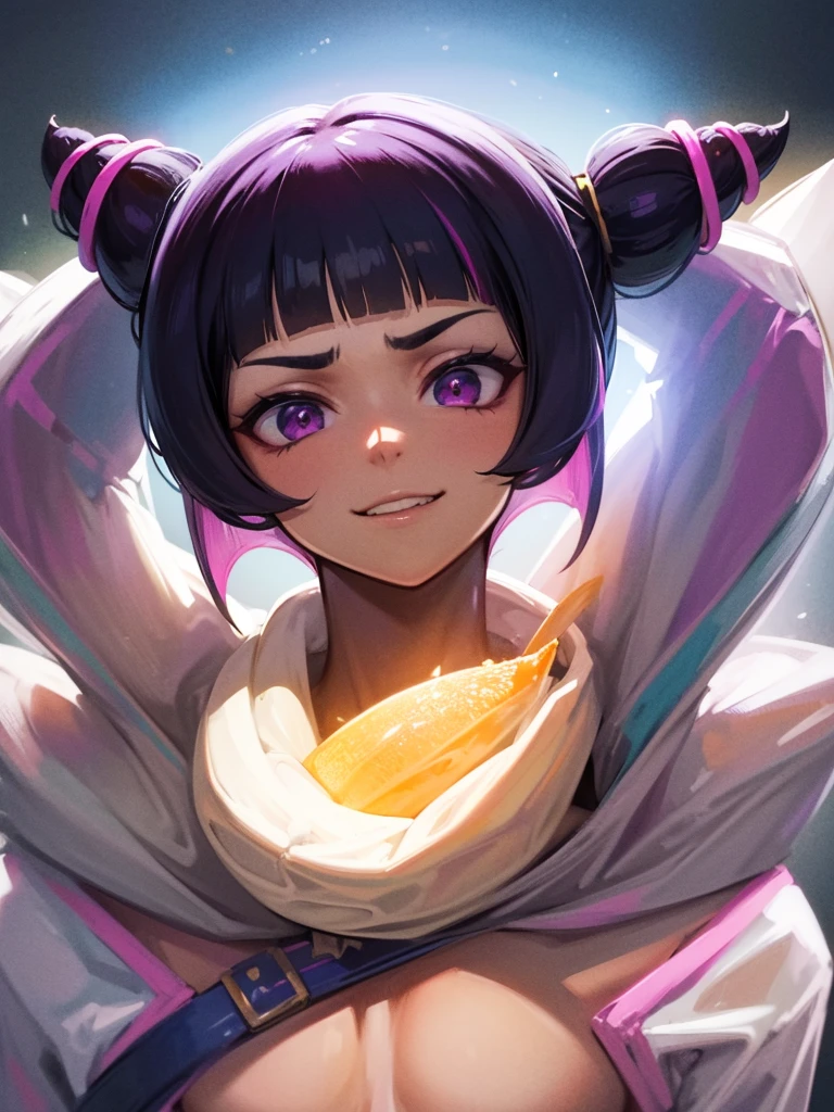 Juri Han, street fighter(master part, best quality, ultra-detalhado, Melhor sombra), (Antecedentes detalhados, Olhando para o Viewer, Serious, irritado), Rosto detalhado, (best ilumination), ((Cinematic light)), colorido, hiper detalhe, dramatic light, detalhes intrincados, sorriso malvada,rosto bravo