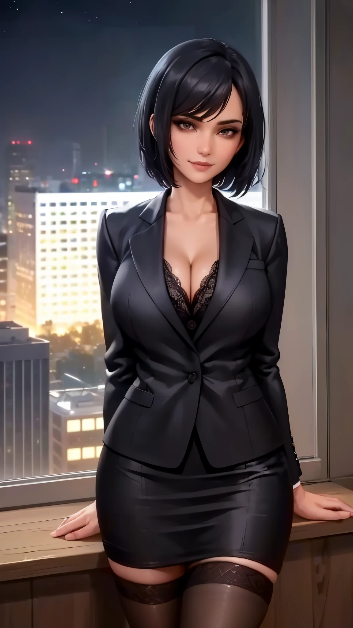 (masterpiece), (best quality), (perfect face), extremely detailed skin pores, (detailed skin:1.2), artstation, night, office, night sky,
cool girl, dark business jacket, dark business skirt, thighhighs, black short hair, straight face, light smile, standing, portrait, cleavage, lace