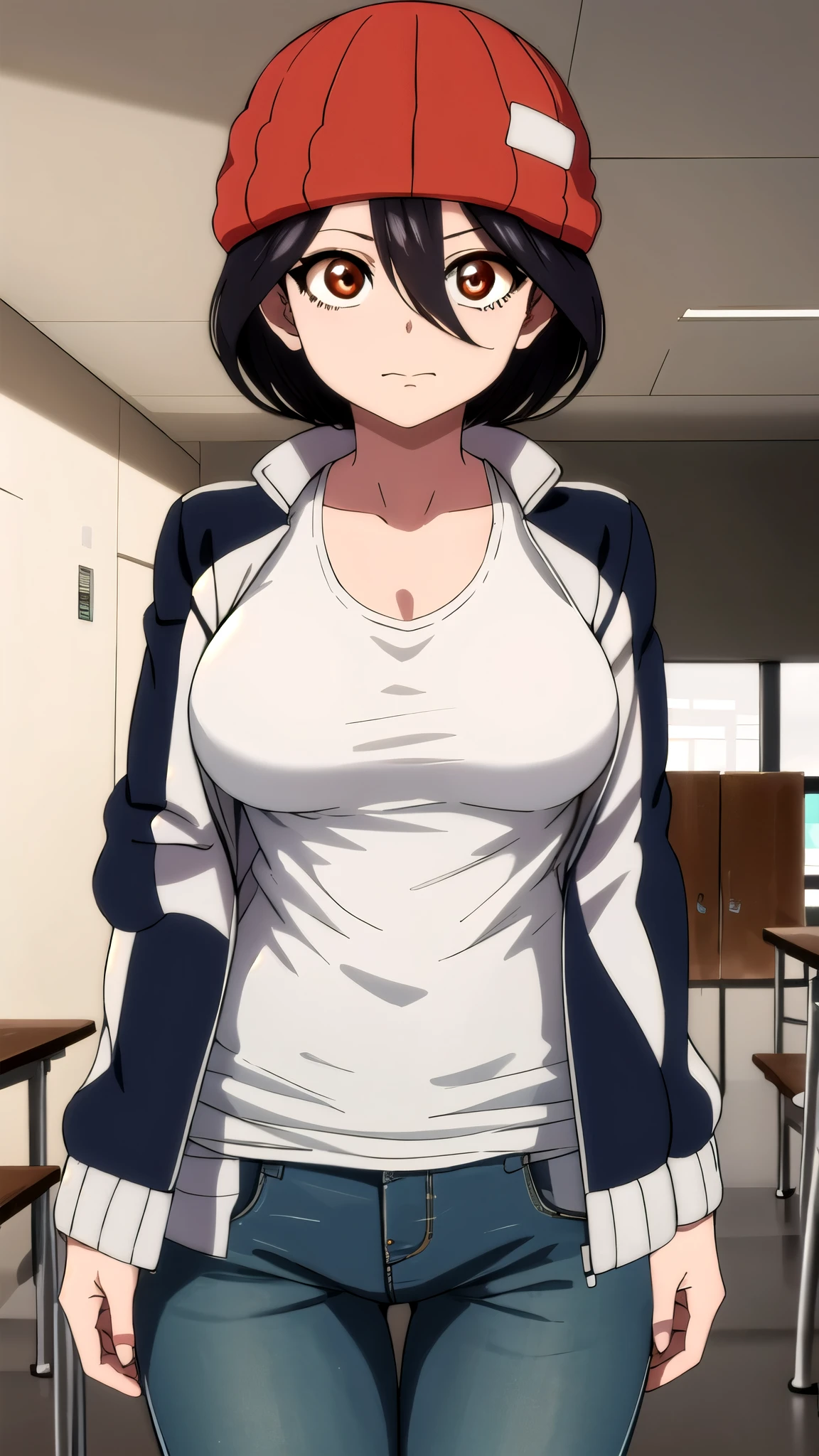 score_9, score_8_up, score_7_up, score_6_up, score_5_up, score_4_up, BREAK, source_anime, anime screencap, anime coloring, 1girl, Japanese stiff-looking beautiful female teacher, solo, perfect anatomy, milf, 36 years old, black hair, short hair, asymmetrical bangs, forehead, v shaped eyebrows, glasses, serious, looking at viewer, sweat, (skintight, very tight sleeveless gym uniform, white shirt, shirt-in, under sized micro blue buruma, zettai ryouiki white thighhighs), sagging huge_breasts, tarechichi, erect nipples, thigh gap, indoor, gym, hand on hip, standing, skinny, (unshaven hairy natural public hair:1.2), unshaven hairy natural armpit hair