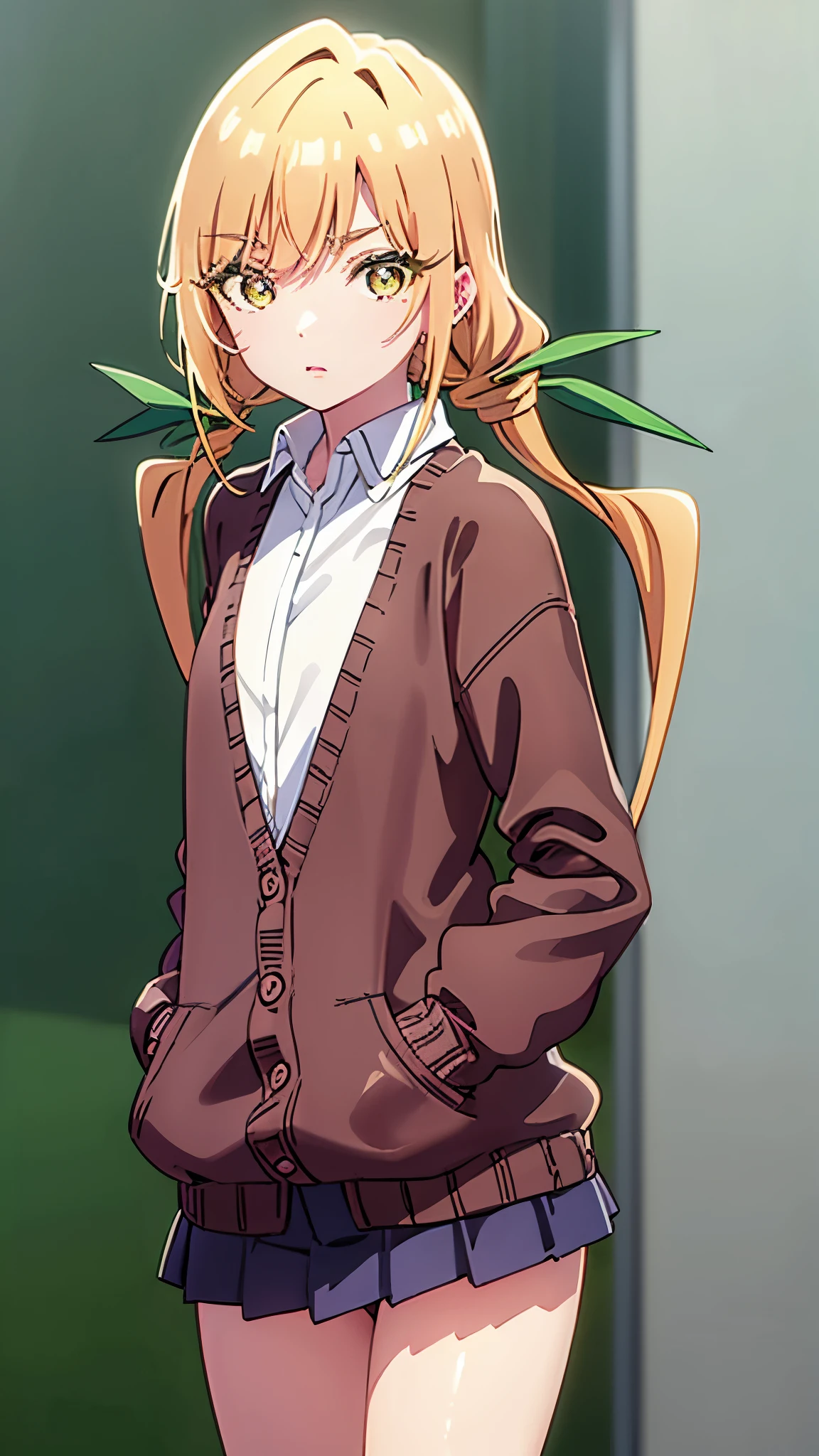 karaneinda, karane inda, blonde hair, (yellow eyes:1.5), hair ribbon, twintails, low twintails, long hair, (green ribbon:1.2), BREAK skirt, shirt, , white shirt, pleated skirt, cardigan, white shirt, collar, black skirt, brown cardigan, long sleeves, BREAK looking at viewer, BREAK indoors, classroom, (cowboy shot:1.5), BREAK (masterpiece:1.2), best quality, high resolution, unity 8k wallpaper, (illustration:0.8), (beautiful detailed eyes:1.6), extremely detailed face, perfect lighting, extremely detailed CG, (perfect hands, perfect anatomy),