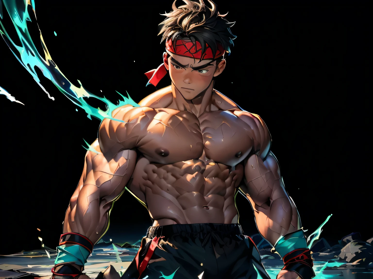 (Masterpiece, Best quality 19 year old boy, black background), solo, Young, boy, muscler, Shirtless, topless, (Dark Short straight hair, under cut, brown eyes), (red headband, ((black wristband))), Vivid colors, (hot Abs:1.2, abs!, big abs, big breast:1.2, chest!, muscler upper arms, clenched fist), (topless male), muscler!, muscler body, Man with martial arts stance, (aura power:1.4), detailed face, detailed muscle, (((A magical turquoise mystical aura, random fighting pose, powerful, action, rippling muscles, fighting with enemy, concentrate, Fotografia de combate)))