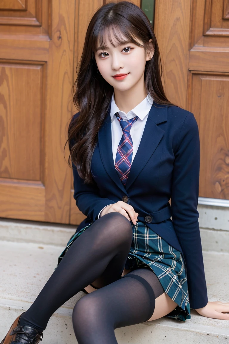 (8K), (highest quality: 1.2), (realistic), (realistic: 1.37), ultra high resolution, (1 girl), cute, smile, closed mouth, beautiful details, beautiful nose, wet hair, giant dulcefo, pork, thighs,self snap,University Student Uniform,simple blazer,pleated skirt,(The pattern of the skirt and tie is a tartan check pattern....:1.3),(sitting:1), sit on the ground,(hug your feet:1),opaque tights,from the front