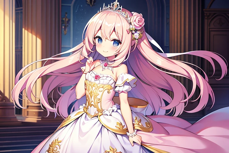 (kawaii),(best quality),(ultra detailed),(rococo style),(long train pastel pink cape:1.15), very long cape,(long train white ball gown with flower decorations:1.1), a girl is wearing a cape over her gown, 1 little princess, tiara, smile, very long hair, small breasts, beautiful detailed eyes, beautiful detailed lips