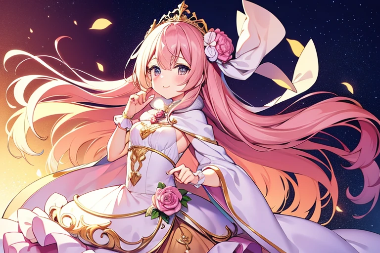 (kawaii),(best quality),(ultra detailed),(rococo style),(long train pastel pink cape:1.15), very long cape,(long train white ball gown with flower decorations:1.1), a girl is wearing a cape over her gown, 1 little princess, tiara, smile, very long hair, small breasts, beautiful detailed eyes, beautiful detailed lips
