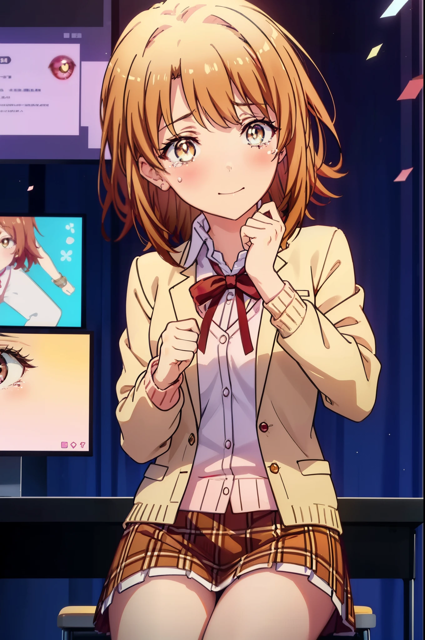 irohaisshiki, Isshiki Iroha, short hair, light brown hair, (Brown ruby eyes:1.5), smile,blush,tears run down her face,tears of joy、I cry a lot、break skirt, shirt, ribbon, , Jacket, white shirt, open clothes, socks, open Jacket, black Jacket, plaid, knee high, plaid skirt, blazer, cardigan, black socks, pink cardigan, the room is expensive ,birthday,There is a birthday cake on the table,sitting in a chair,confetti,
break indoors,classroom ,
break looking at viewer,(cowboy shot:1. 3)
break (masterpiece:1.2), highest quality, High resolution, unity 8k wallpaper, (shape:0.8), (beautiful and detailed eyes:1.6), highly detailed face, perfect lighting, Very detailed CG, (perfect hands, perfect anatomy),