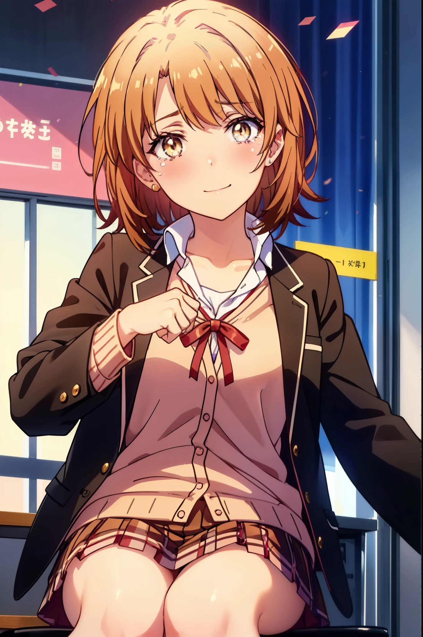 irohaisshiki, Isshiki Iroha, short hair, light brown hair, (Brown ruby eyes:1.5), smile,blush,tears run down her face,tears of joy、I cry a lot、break skirt, shirt, ribbon, , Jacket, white shirt, open clothes, socks, open Jacket, black Jacket, plaid, knee high, plaid skirt, blazer, cardigan, black socks, pink cardigan, the room is expensive ,birthday,There is a birthday cake on the table,sitting in a chair,confetti,
break indoors,classroom ,
break looking at viewer,(cowboy shot:1. 3)
break (masterpiece:1.2), highest quality, High resolution, unity 8k wallpaper, (shape:0.8), (beautiful and detailed eyes:1.6), highly detailed face, perfect lighting, Very detailed CG, (perfect hands, perfect anatomy),