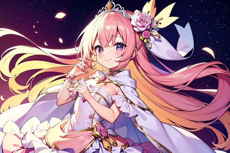 (kawaii),(best quality),(ultra detailed),(rococo style),(long train pastel pink cape:1.15), very long cape,(long train white ball gown with flower decorations:1.1), a girl is wearing a cape over her gown, 1 little princess, tiara, smile, very long hair, small breasts, beautiful detailed eyes, beautiful detailed lips