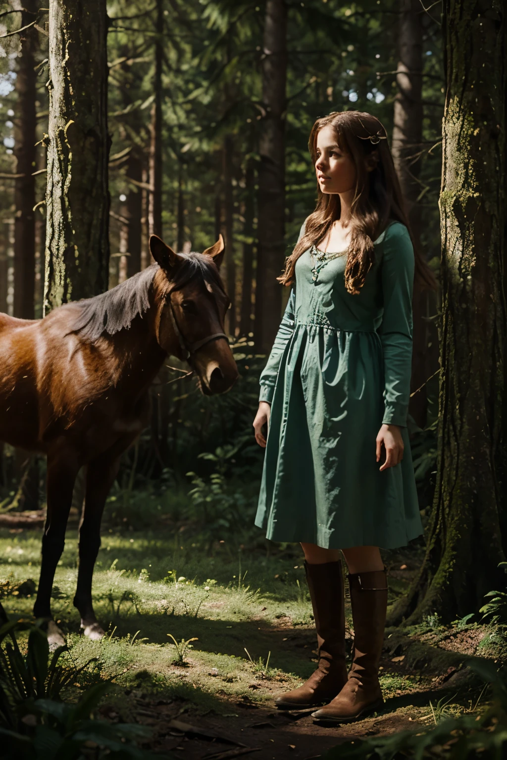 Illustration for a fairy tale about a girl, standing in the forest, who can talk to animals