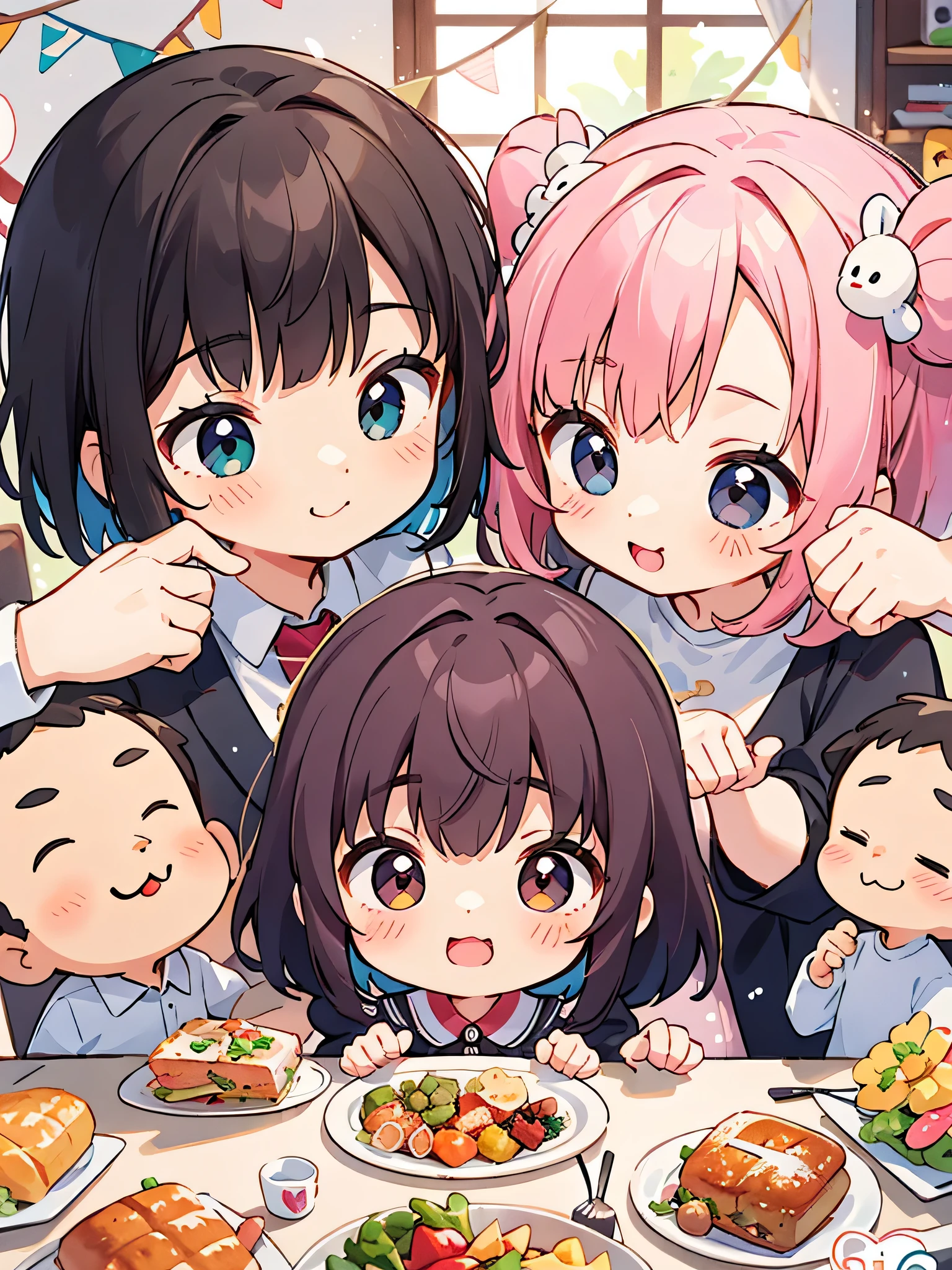 Momoko Sakura style, Kawaii Design, (((10 people)))、most beautiful girl ever、Chibi, Colorful bob hair、((Lots of friends))、children's room、(((Family lunch)))