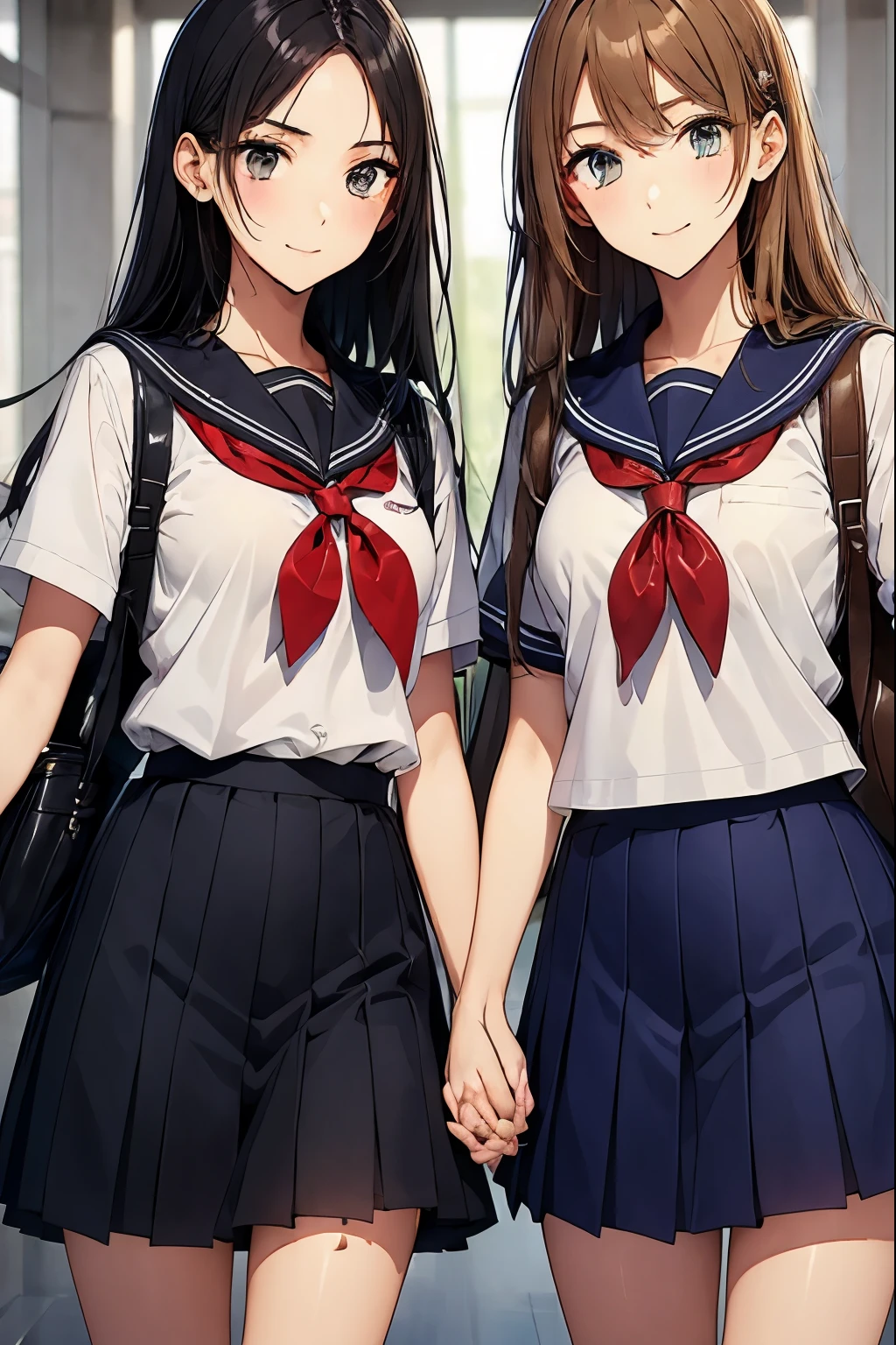 Two high school girls walking hand in hand down a school corridor、seductive smile、