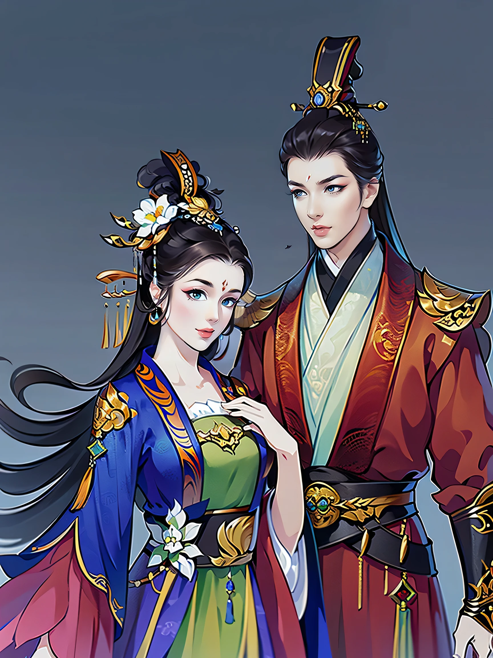 (masterpiece,super detailed,HD details,highly detailed art)1 male 1 female,Half body,xianxia,blue,elegant,Highly detailed character designs from East Asia,Game character costume design,Simple,ultra high resolution, sharp focus, epic work, masterpiece, (Very detailed CG unified 8k wallpaper),pretty face,beautiful eyes,HD details
