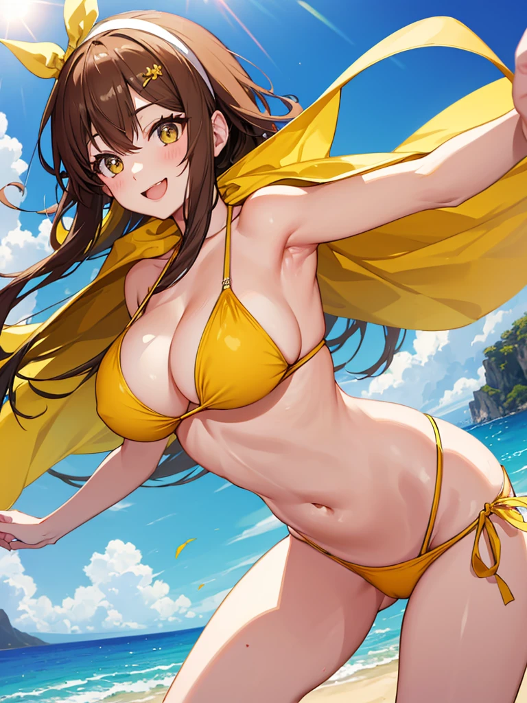 NSFW,1GIRL, ((She is running happily)),((The sun is dazzling)),((Wearing only a yellow fancy bikini:1.3))、{{bare skin arm}}、{{Bare skin legs}},(((masterpiece、highest quality、High resolution)))、(((brownhair))),{{Ryza's hairstyle}},{{short cut hairstyle}},{{{She only wears a headband with a ribbon on her head}}},Tropical Summer、{{nipple protrusion}},solo、laughter、beach、{{All parts other than the bikini are bare skin}}、(((On a beautiful sunny beach)))、view audience、slender erotic body type、Glossy skin、One cute girl、Glossy skin、realistic、(((A smile that looks very fun)))、,((cameltoe)),{{She doesn't have a supporter under her bikini}}