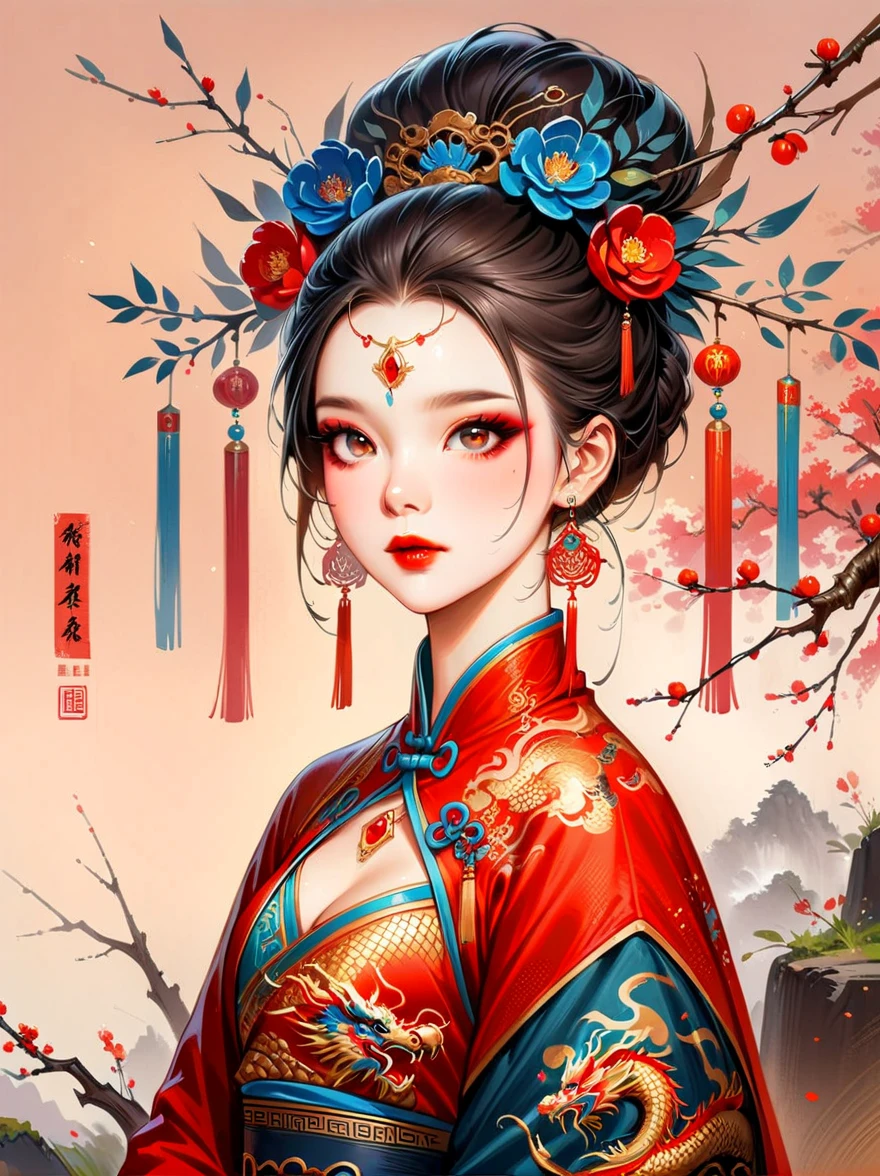 Works of Chinese style masters, lifelike, shining, Chinese traditional ink painting, willow branch, Wu Changshuo, 1 female, solo, black hair, hair accessories, Long ears and short hair, long sleeves, handheld, jewelry, lips, make up, Heavy makeup, eye shadow, red lips, Eyeliner, semi-realistic, high resolution, absurd, intricate details:1.3, Super detailed, super detailed, nitty gritty, artstation trends, Award-winning makeup, dynamic angle, highest detail, blue hair, jeweled branch of hourai, Dragon Hair Accessories, (forehead jewel:1.5), color contact lenses, crystal earrings, fume, work, Dazzling colors, Stunning visual effects, otherworldly appearance, charming art, illustration, first-person view, (cowboy shot:1.4), ((masterpiece)), best quality, masterpiece, best quality, best quality, anatomically correct, textured skin
