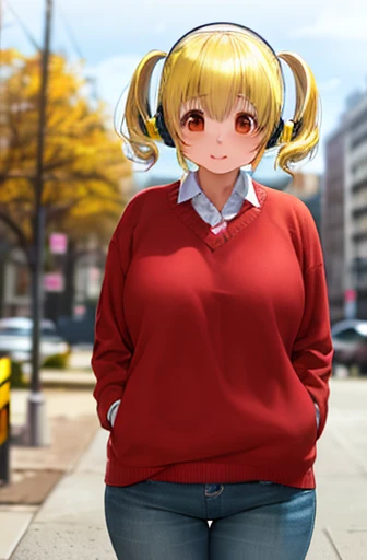 masterpiece, best_quality, 1girl, solo, super pochaco, blonde hair, plump, sweater, city