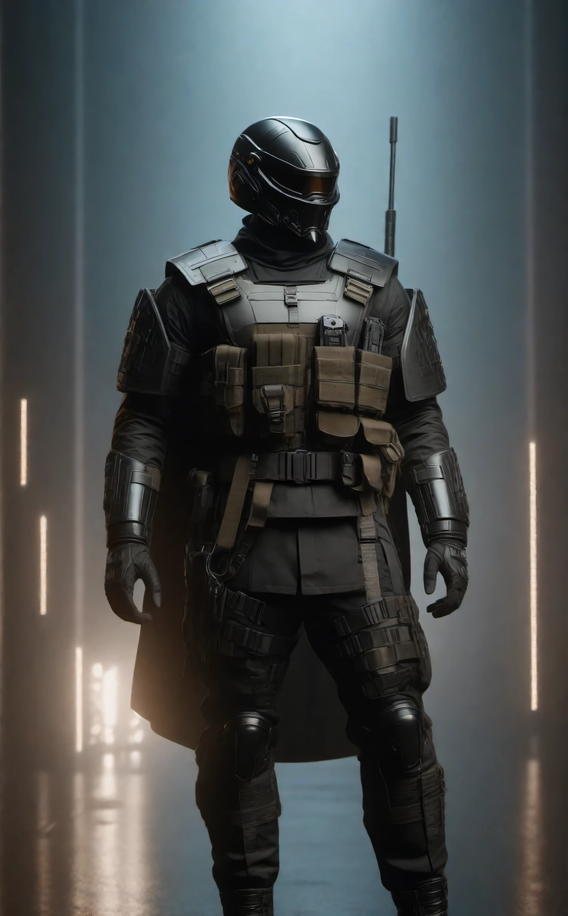 cinematic photo a man with a helmet with a tactical armour, Tactical vest with ammo pouches, A black cape behind him flowing in the wind, Utility belt, full body. 35mm photograph, film, bokeh, professional, 4k, highly detailed high-res, masterpiece, best quality, 