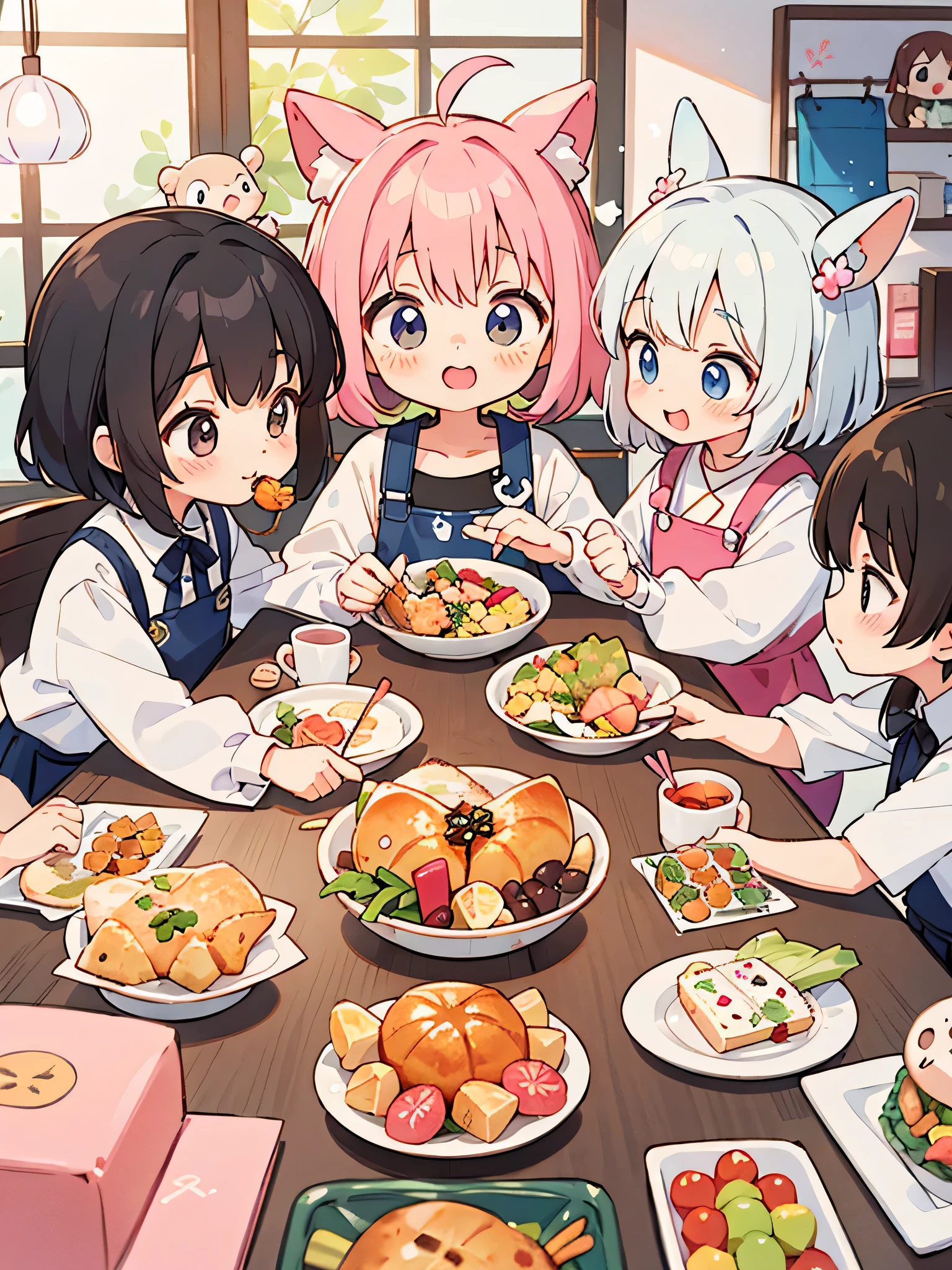 Momoko Sakura style, Kawaii Design, (((10 people)))、most beautiful girl ever、Chibi, Colorful bob hair、((Lots of friends))、children&#39;s room、(((Family lunch)))