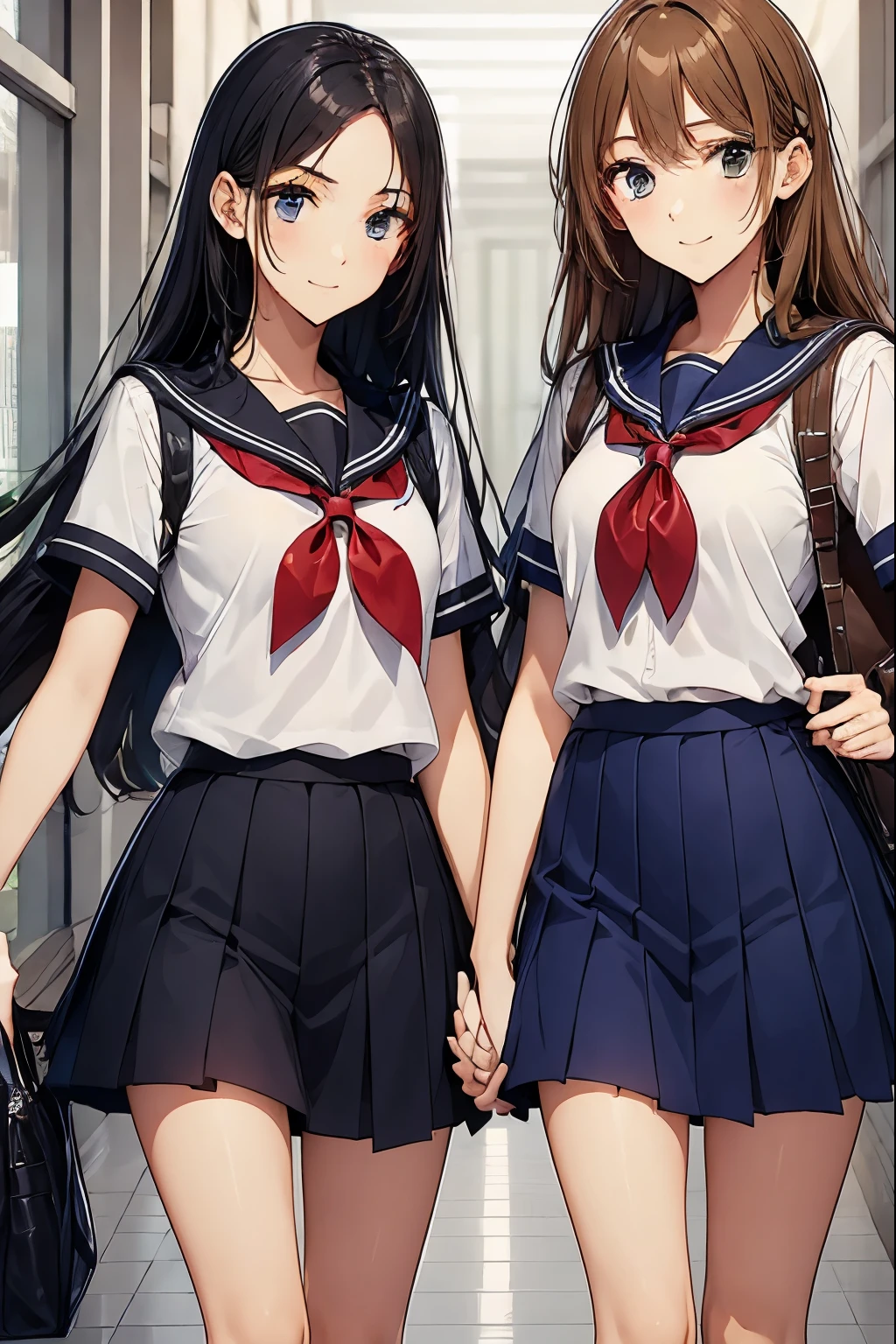 Two high school girls walking hand in hand down a school corridor、seductive smile、