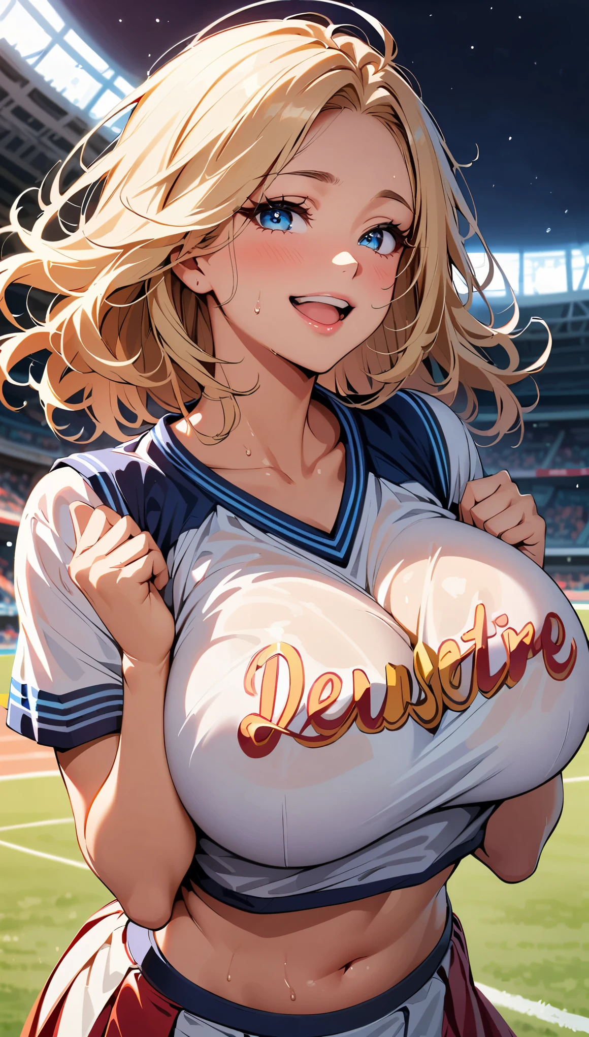 NSFW, ((1 female)), erotic, desire, desire, charm, sexy, mature body, despicable, big breasts, small ass, joy, Excited, Sweat, cheerleader, detailed and beautiful eyes, beautiful detailed lips, highly detailed eyes and face, long eyelashes, calm expression, soft lighting, Open atmosphere, stadium, Sweatを流して.