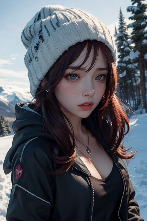 (AshleyUntil:1.1), 1girl, solo, beanie, hat, jewelry, necklace, long hair, realistic, hood, blue eyes, blood, parted lips, hoodie, jacket, blood on clothes, dark background, upper body, dark, red hair, masterpiece, best quality, cinematic lighting, night, snow, mountain, moon, winter, switzerland, pine trees, cleavage, gloomy, sad, crying, tears,