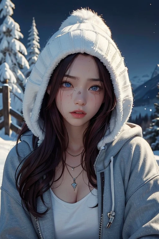 (AshleyUntil:1.1), 1girl, solo, beanie, hat, jewelry, necklace, long hair, realistic, hood, blue eyes, blood, parted lips, hoodie, jacket, blood on clothes, dark background, upper body, dark, red hair, masterpiece, best quality, cinematic lighting, night, snow, mountain, moon, winter, switzerland, pine trees, cleavage, gloomy, sad, crying, tears,