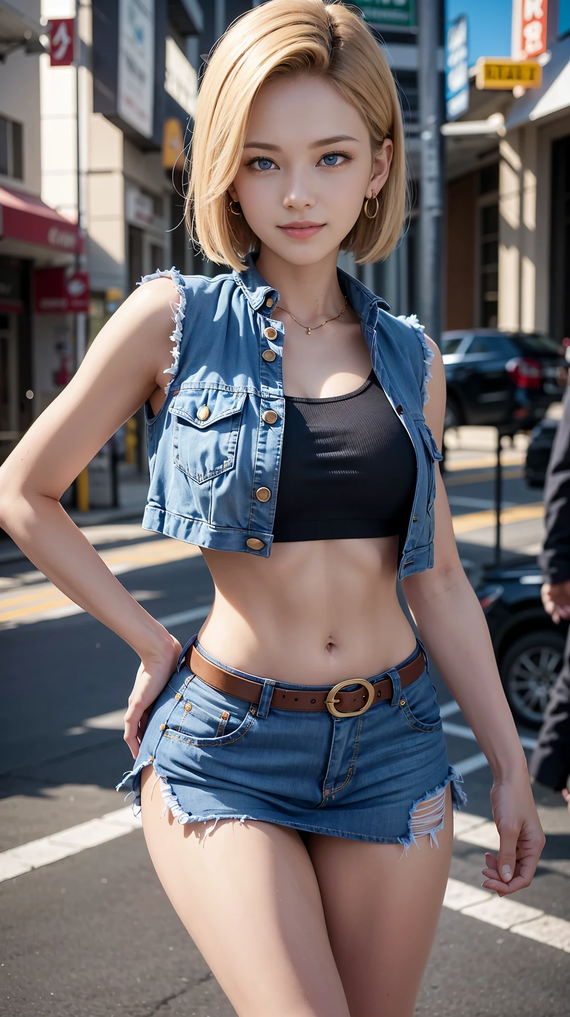 highest quality, High resolution, AND18, 1 girl, android 18, alone, blonde hair, blue eyes, short hair, cute smile,earrings, jewelry, denim dress, open vest, black sports bra, jeans miniskirt, blue mini skirt, small breasts, cowboy shot, she is wearing black short boots,street, (external expansion chest: 1.2),
