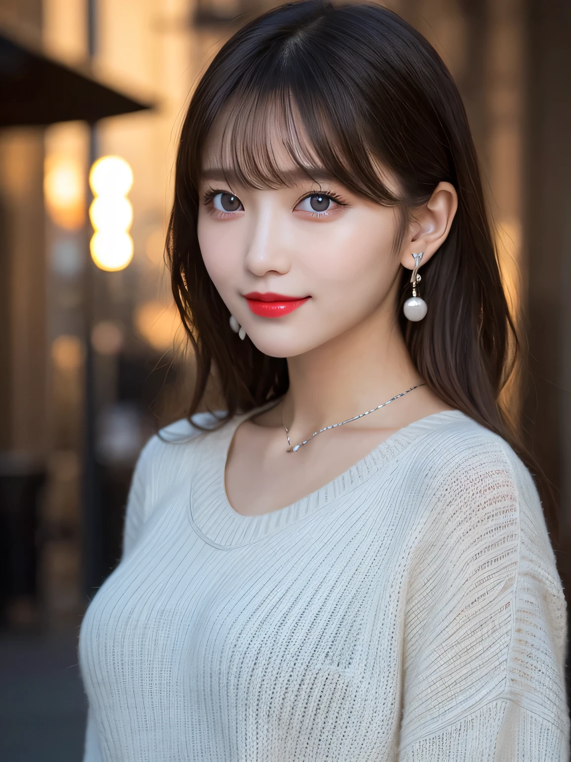 Urban beautiful girl college student, masterpiece, light makeup, red lips, silver hair, messy long hair, street background, beautiful, elegant. super fine details, master works, authentic texture, cinematic lighting realism, perfect job, 16K, hd, exquisite features,blue eyes、japanese idol、Beautiful Face、cute smile、brown hair、beautiful hair、ponytail、glamorous、 big breasts、erect nipples、Oily muscle、shiny skin、tanned skin、Black glowing skin、Sexy knitted sweaters, bright big eyes, smooth skin, earrings, necklace, tattoo