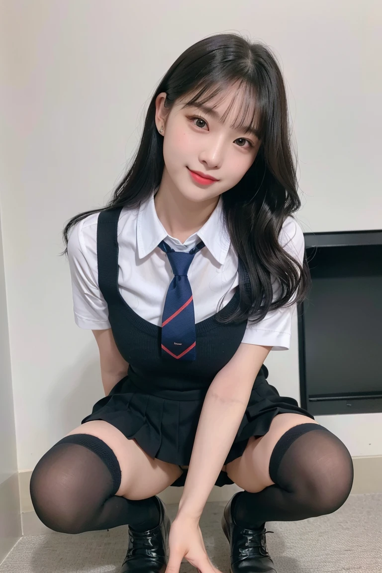 (8K), (highest quality: 1.2), (realistic), (realistic: 1.37), ultra high resolution, (1 girl, cute, smile, closed mouth, thick lips,red lip,beautiful details, beautiful nose, (straight black hair), giant dulcefo, self snap,(school uniform),white shirt,tie,pleated skirt,(knee high socks),Squatting in the city at night, From above,close up of face,