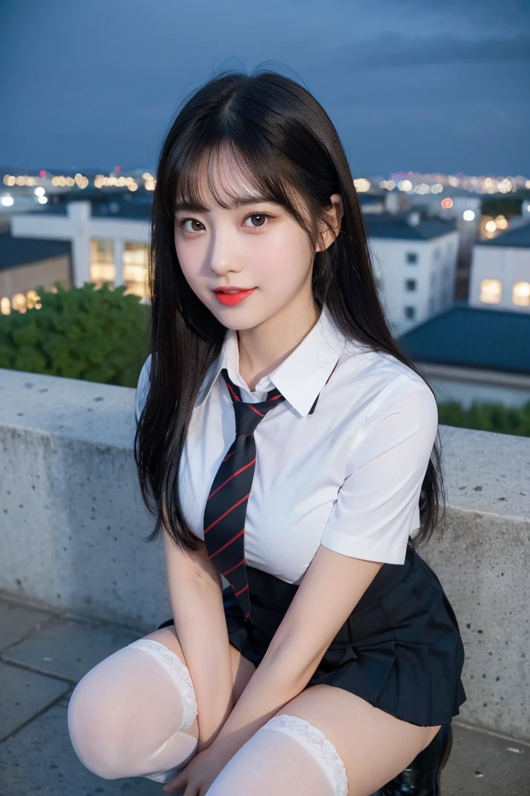 (8K), (highest quality: 1.2), (realistic), (realistic: 1.37), ultra high resolution, (1 girl, cute, smile, closed mouth, thick lips,red lip,beautiful details, beautiful nose, (straight black hair), giant dulcefo, self snap,(school uniform),white shirt,tie,pleated skirt,(knee high socks),Squatting in the city at night, From above,close up of face,