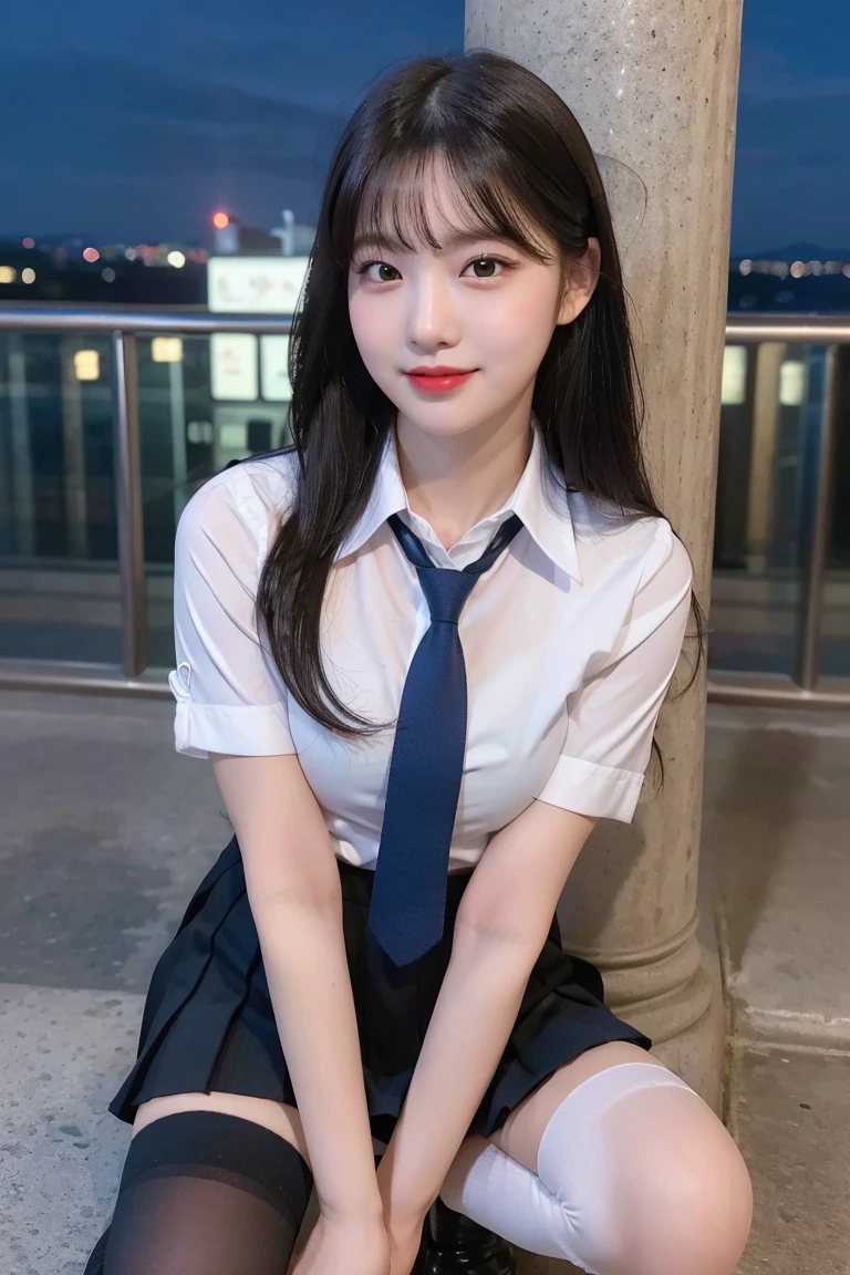 (8K), (highest quality: 1.2), (realistic), (realistic: 1.37), ultra high resolution, (1 girl, cute, smile, closed mouth, thick lips,red lip,beautiful details, beautiful nose, (straight black hair), giant dulcefo, self snap,(school uniform),white shirt,tie,pleated skirt,(knee high socks),Squatting in the city at night, From above,close up of face,