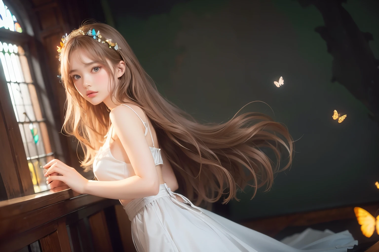 1 girl, masterpiece, very detailed, ((cinematic lighting)), (shine), ((dramatic lighting)), ((beautiful delicate shine)), intricate details, Lens flare, blonde, long hair, colorful dresses, butterfly hair ornament, butterfly, (particles of light), turn your arms behind your back, medium chest, [take up], cowboy shot, light smile, green eyes, church, Stained glass, Spotlight, dark background, floating hair, floating hair, looking at the viewer,((colorful))