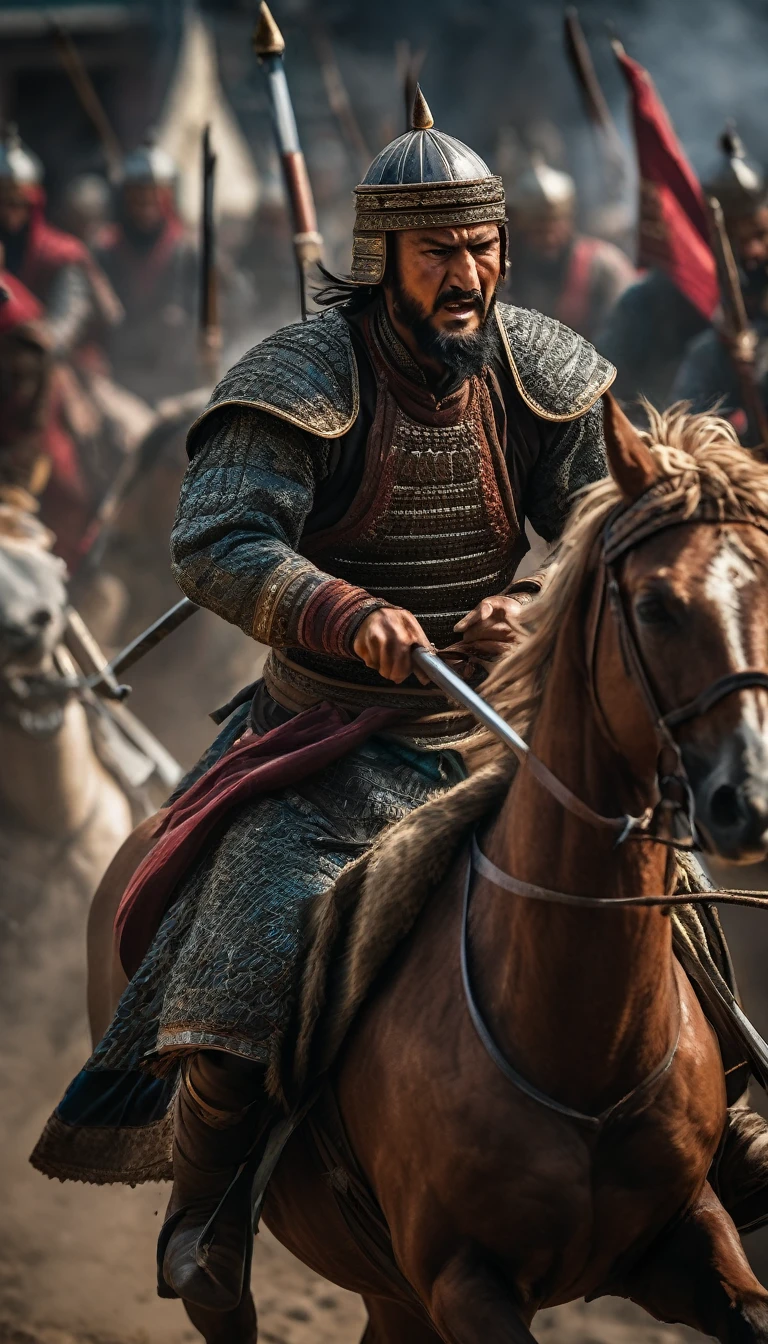 Dramatic shots of the Mamluks pressing their advantage, pushing the Mongols back with relentless attacks, (perfect face), (undamaged face), (detailed face), background dark, hyper realistic, ultra detailed hyper realistic, photorealistic, Studio Lighting, reflections, dynamic pose, Cinematic, Color Grading, Photography, Shot on 50mm lens, Ultra-Wide Angle, Depth of Field, hyper-detailed, beautifully color, 8k