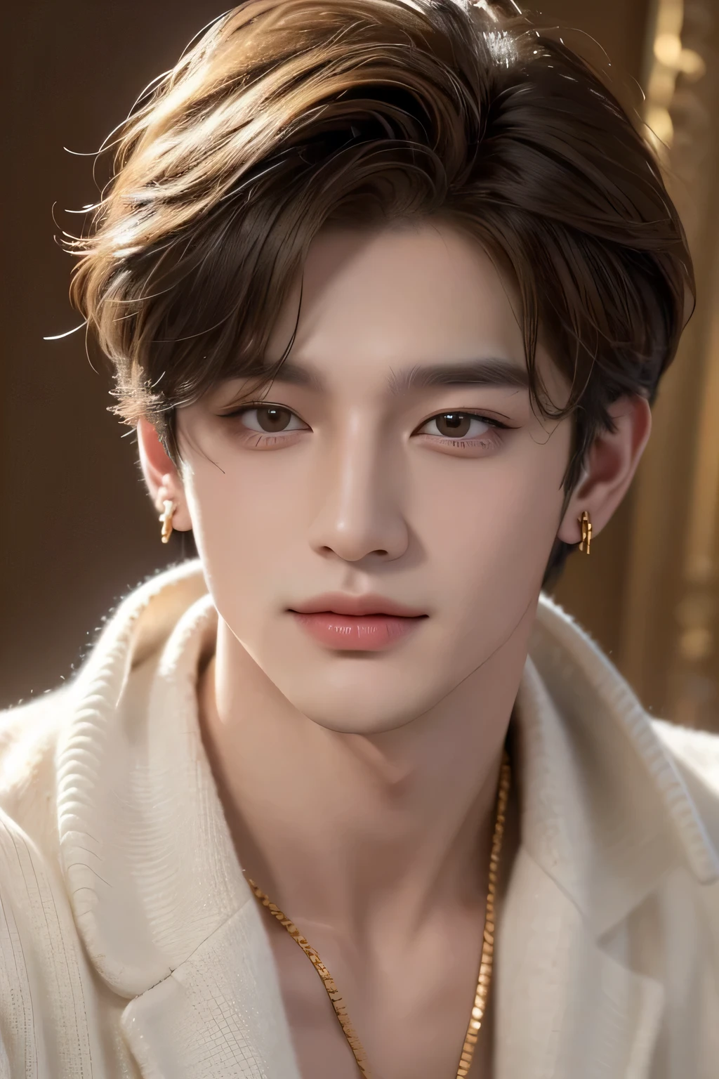 ((best quality)), ((masterpiece)), (detailed), perfect face、genuine、1 boy、a bad man、Villain、Handsome like an idol、(Jungkook:2.0)、(host)、Upper body、white background、brown gucci sweater、yellow pattern、S class handsome guy、A slightly open mouth、upward glance、look up、white skin、Face with makeup、Super handsome、short hair、mash hair、golden hair、Beautiful, well-groomed hair、sexy look、other poses、Gold Rolex、accessories、earrings、beautiful teeth、smile、