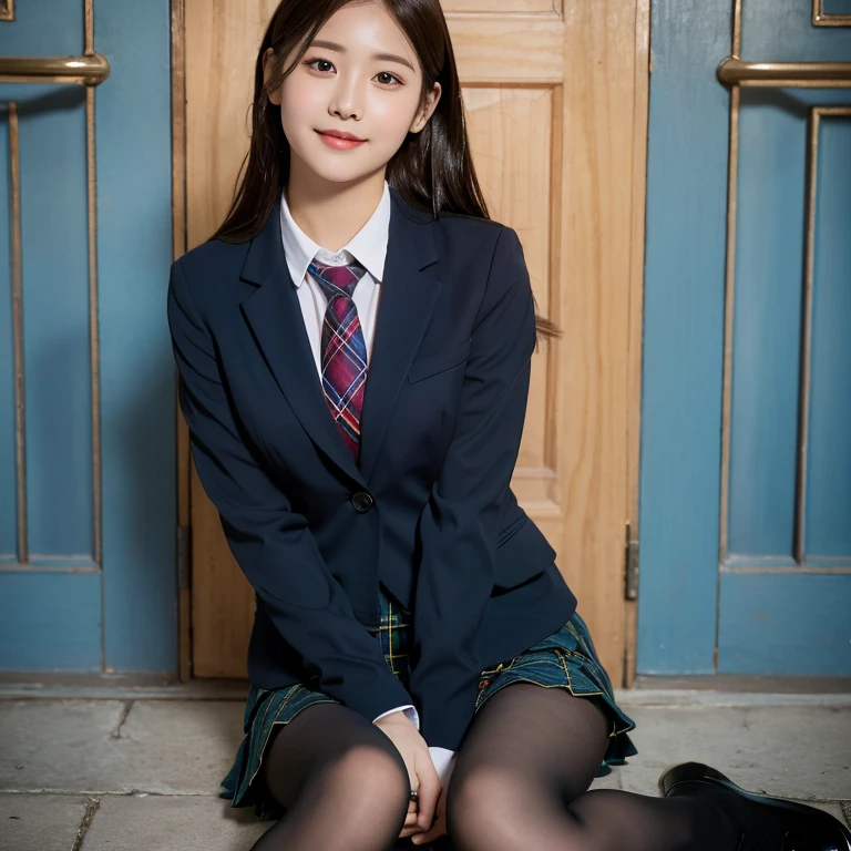 (8K), (highest quality: 1.2), (realistic), (realistic: 1.37), ultra high resolution, (1 girl), cute, smile, closed mouth, beautiful details, beautiful nose, wet hair, giant dulcefo, pork, thighs，self snap,University Student Uniform,simple blazer,pleated skirt,(The pattern of the skirt and tie is a tartan check pattern....:1.3),(sitting:1), sit on the ground,(hug your feet:1),opaque tights,from the front