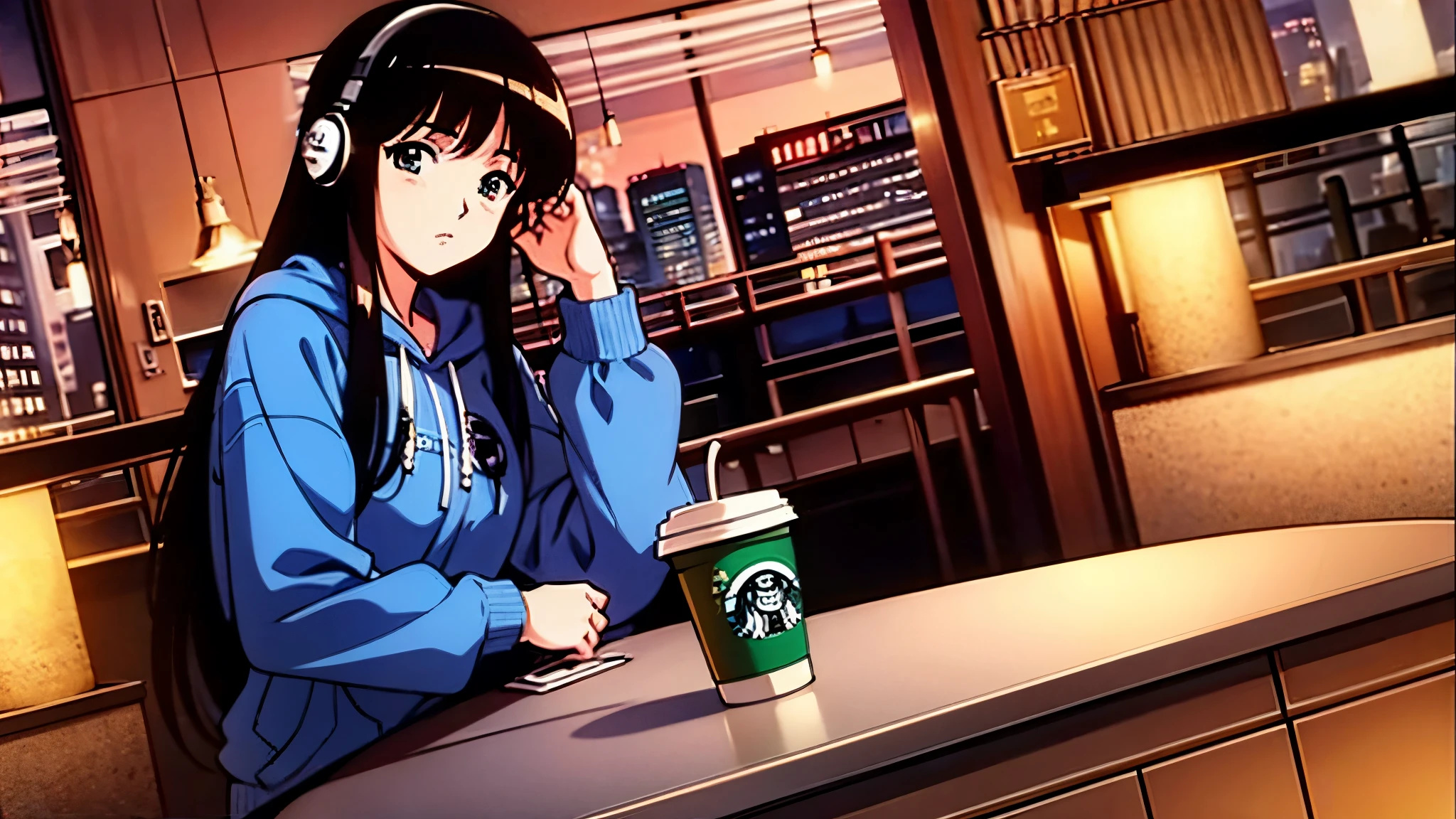 masterpiece、High resolution、high quality、girl、girl一人、anime style、city pop, Snazzy,black hair、、straight hair、good style、Long sleeve hoodie and pants、長髪のgirl,headphones,（whole body）,night view from the window,bookshelf,Coffee on a round table,Watching coffee、late night、Cafe、jazz、coffee shop、Starbucks、Doutor、headphones、No expression、dutch angle shot
