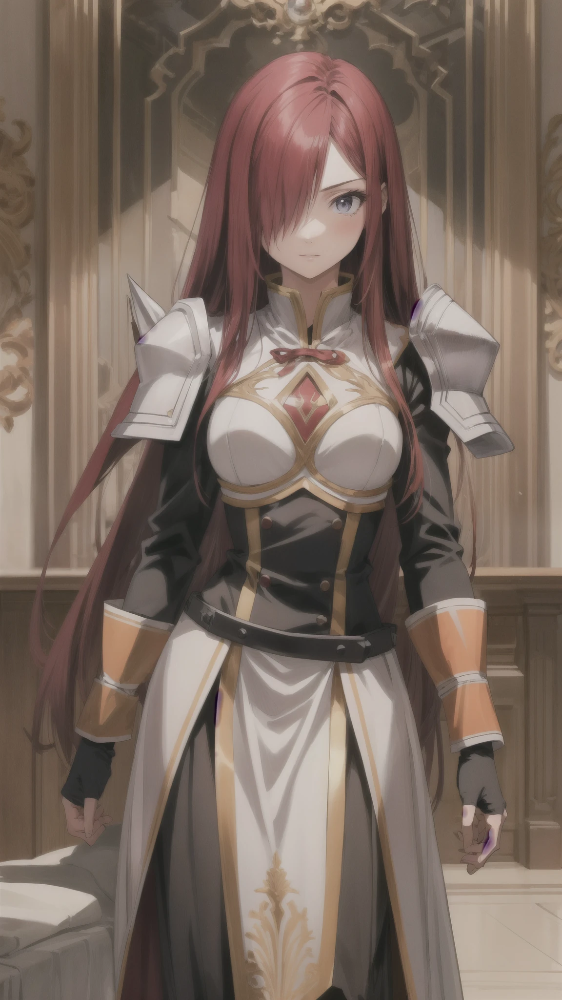 (masterpiece, best quality),  intricate details,
1girl,  erza, erza scarlet,  long hair, red hair, hair over one eye, 
 dknsoutfit,