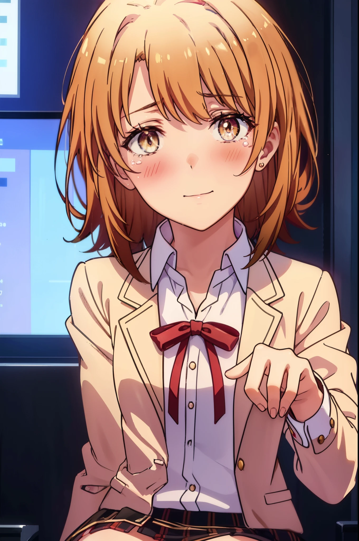 irohaisshiki, Isshiki Iroha, short hair, light brown hair, (Brown ruby eyes:1.5), smile,blush,tears run down her face,tears of joy、I cry a lot、break skirt, shirt, ribbon, , Jacket, white shirt, open clothes, socks, open Jacket, black Jacket, plaid, knee high, plaid skirt, blazer, cardigan, black socks, pink cardigan,holding a bouquet ,birthday,There is a birthday cake on the table,sitting in a chair,confetti,
break indoors,classroom ,
break looking at viewer,(cowboy shot:1. 3)
break (masterpiece:1.2), highest quality, High resolution, unity 8k wallpaper, (shape:0.8), (beautiful and detailed eyes:1.6), highly detailed face, perfect lighting, Very detailed CG, (perfect hands, perfect anatomy),