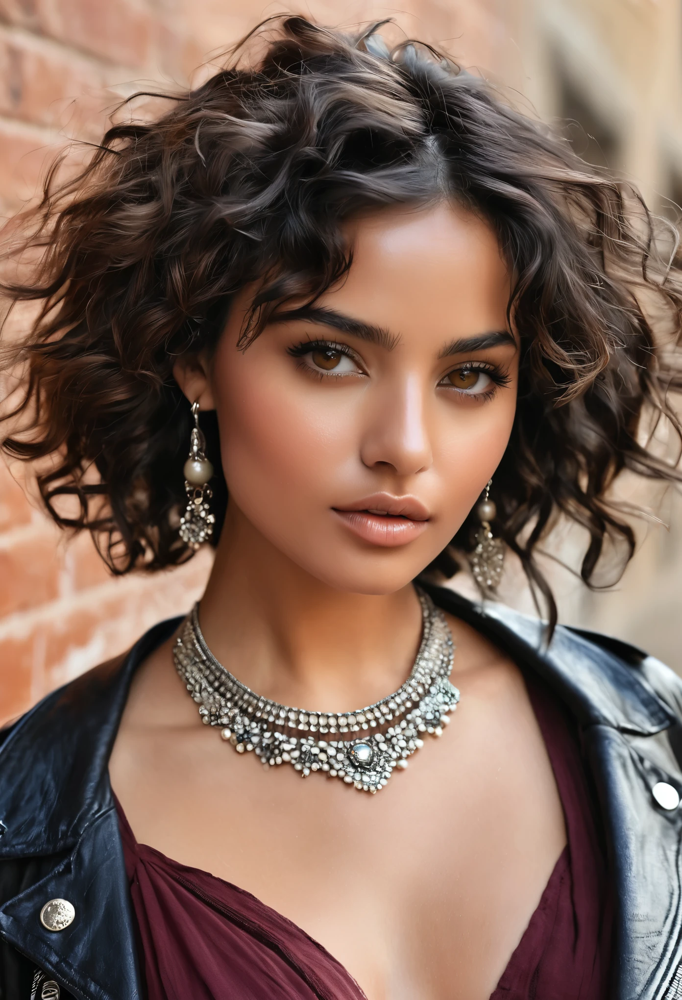 Isabella is a vision of exotic beauty, with luscious dark curls that cascade down her bronzed shoulders. Her deep brown eyes hold a magnetic gaze that speaks of mystery and allure. Standing at 5'7", Isabella possesses a slender yet curvaceous figure, with graceful curves that exude confidence and sensuality.Style and Fashion: Isabella's style is a fusion of bohemian chic and urban glamour. Whether she's rocking a flowing maxi dress accessorized with layers of jewelry or turning heads in a sleek leather jacket paired with distressed denim, she effortlessly blends sophistication with streetwise edge. Her fashion choices reflect her eclectic personality and adventurous spirit, always pushing the boundaries of conventional style.Facial Features: With her sculpted cheekbones, full lips, and flawless olive complexion, Isabella exudes a natural beauty that captivates all who encounter her. Her expressive eyes are framed by thick, dark lashes, adding depth and intensity to her striking gaze. A delicate nose ring and ear piercings add a touch of bohemian flair to her classic features.