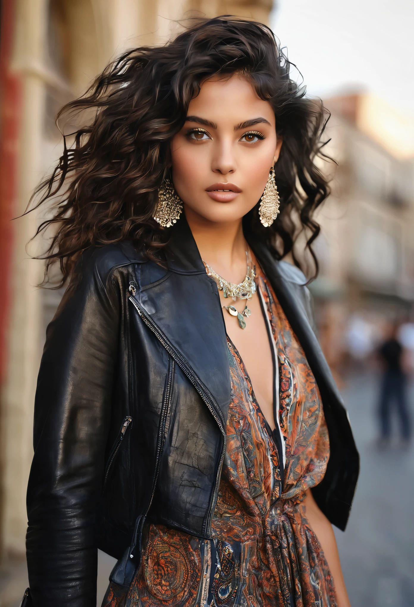 Isabella is a vision of exotic beauty, with luscious dark curls that cascade down her bronzed shoulders. Her deep brown eyes hold a magnetic gaze that speaks of mystery and allure. Standing at 5'7", Isabella possesses a slender yet curvaceous figure, with graceful curves that exude confidence and sensuality.Style and Fashion: Isabella's style is a fusion of bohemian chic and urban glamour. Whether she's rocking a flowing maxi dress accessorized with layers of jewelry or turning heads in a sleek leather jacket paired with distressed denim, she effortlessly blends sophistication with streetwise edge. Her fashion choices reflect her eclectic personality and adventurous spirit, always pushing the boundaries of conventional style.Facial Features: With her sculpted cheekbones, full lips, and flawless olive complexion, Isabella exudes a natural beauty that captivates all who encounter her. Her expressive eyes are framed by thick, dark lashes, adding depth and intensity to her striking gaze. A delicate nose ring and ear piercings add a touch of bohemian flair to her classic features.