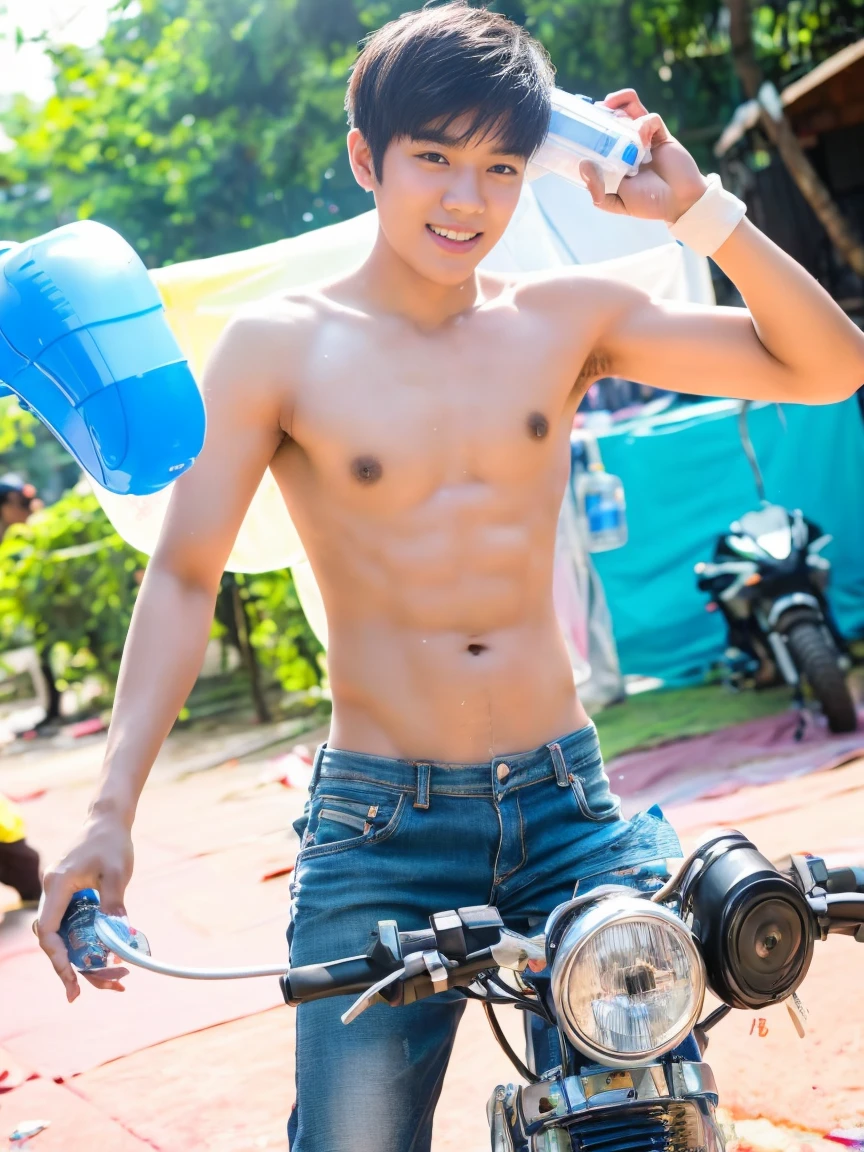 A handsome young Thai teenager ,,Wear slim underwear and no shirt to ride a motorcycle.,Holding a water gun at the Songkran Festival in Bangkok,Flour smeared,There was a person walking behind him holding a water gun.