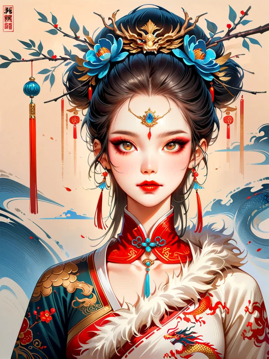 Works of Chinese style masters, lifelike, shining, Chinese traditional ink painting, willow branch, Wu Changshuo, 1 female, solo, black hair, hair accessories, Long ears and short hair, long sleeves, handheld, jewelry, lips, make up, Heavy makeup, eye shadow, red lips, Eyeliner, semi-realistic, high resolution, absurd, intricate details:1.3, Super detailed, super detailed, nitty gritty, artstation trends, Award-winning makeup, dynamic angle, highest detail, blue hair, jeweled branch of hourai, Dragon Hair Accessories, (forehead jewel:1.5), color contact lenses, crystal earrings, fume, work, Dazzling colors, Stunning visual effects, otherworldly appearance, charming art, illustration, first-person view, (cowboy shot:1.4), ((masterpiece)), best quality, masterpiece, best quality, best quality, anatomically correct, textured skin