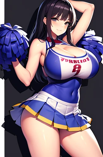Beautiful girl, cheerleader, large pom-pom, skirt, smile, big breasts, cleavage, sexy,