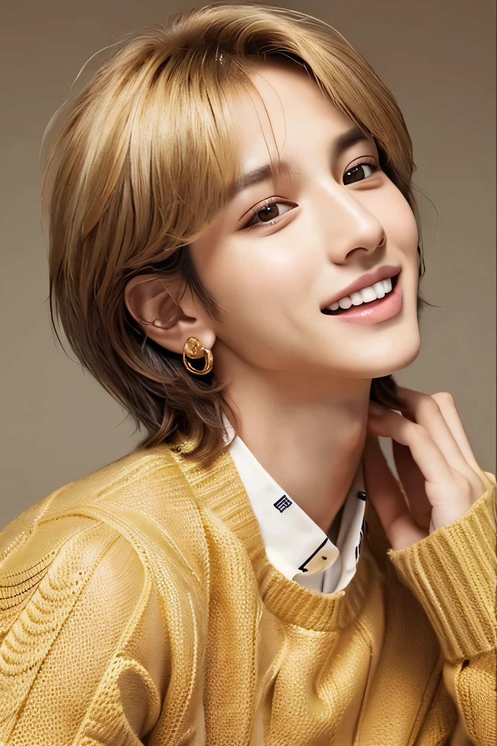 ((best quality)), ((masterpiece)), (detailed), perfect face、genuine、1 boy、a bad man、Villain、、（Jungkook:2.0）、（host）、Upper body、white background、brown gucci sweater、yellow pattern、blonde、S class handsome guy、A slightly open mouth、upward glance、look up、white skin、Face with makeup、Super handsome、short hair、mash hair、Beautiful, well-groomed hair、sexy look、other poses、Gold Rolex、accessories、earrings、beautiful teeth、smile、