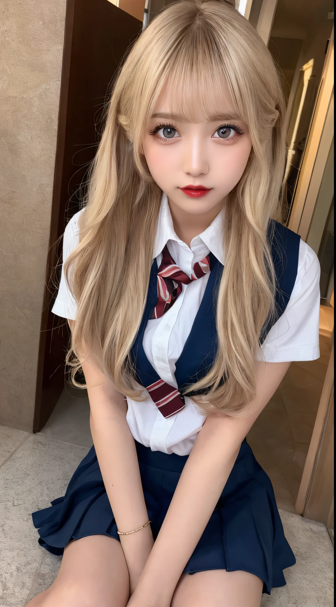 showing the panty、Japan school uniform、hi-school girl、full bodyesbian、1girl in、Wheat-toned skin、Have a tan、Wearing makeup、