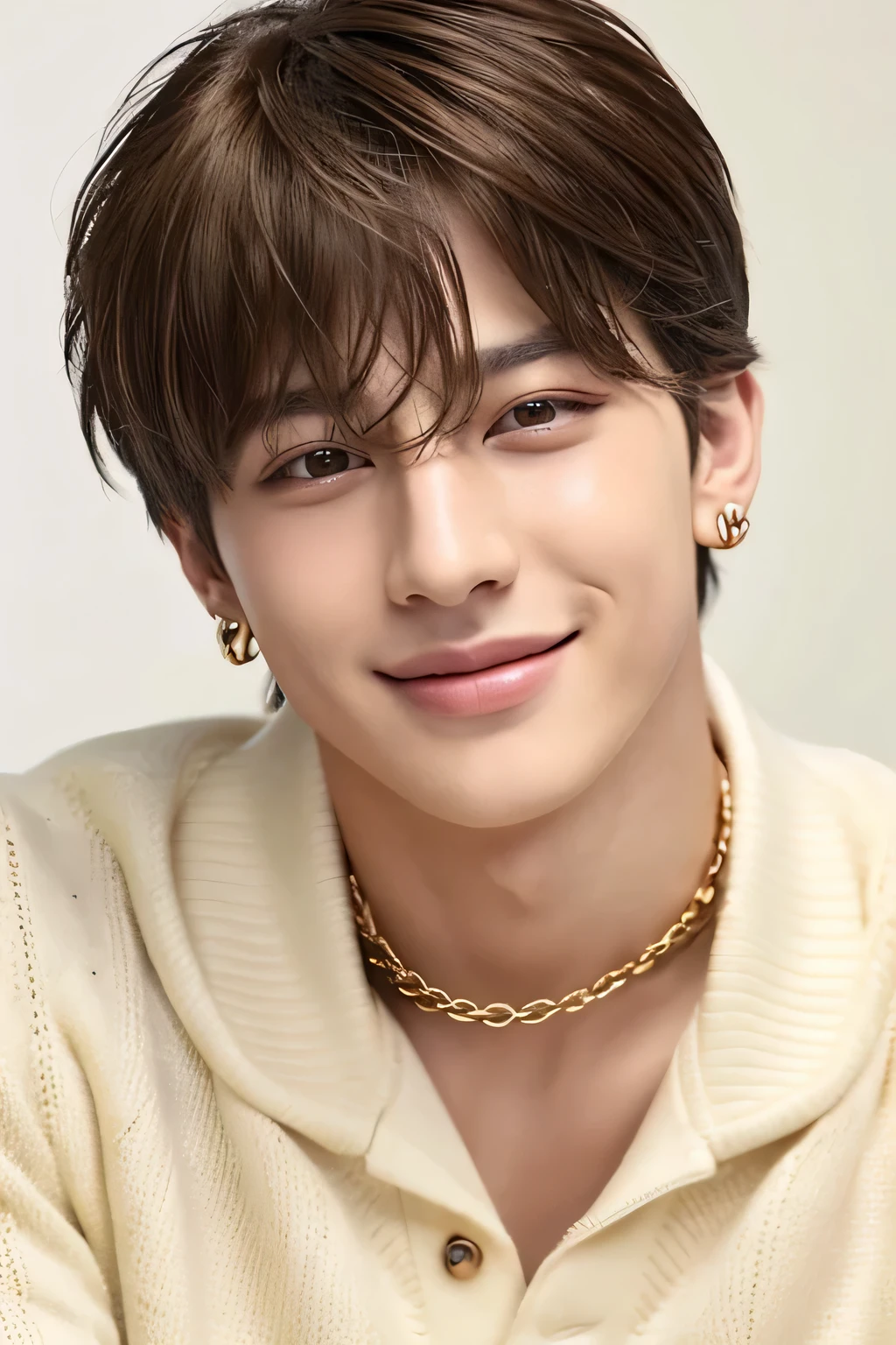 ((best quality)), ((masterpiece)), (detailed), perfect face、genuine、1 boy、a bad man、Villain、、（Jungkook:2.0）、（host）、Upper body、white background、brown gucci sweater、yellow pattern、blonde、S class handsome guy、A slightly open mouth、upward glance、look up、white skin、Face with makeup、Super handsome、short hair、mash hair、Beautiful, well-groomed hair、sexy look、other poses、Gold Rolex、accessories、earrings、beautiful teeth、smile、